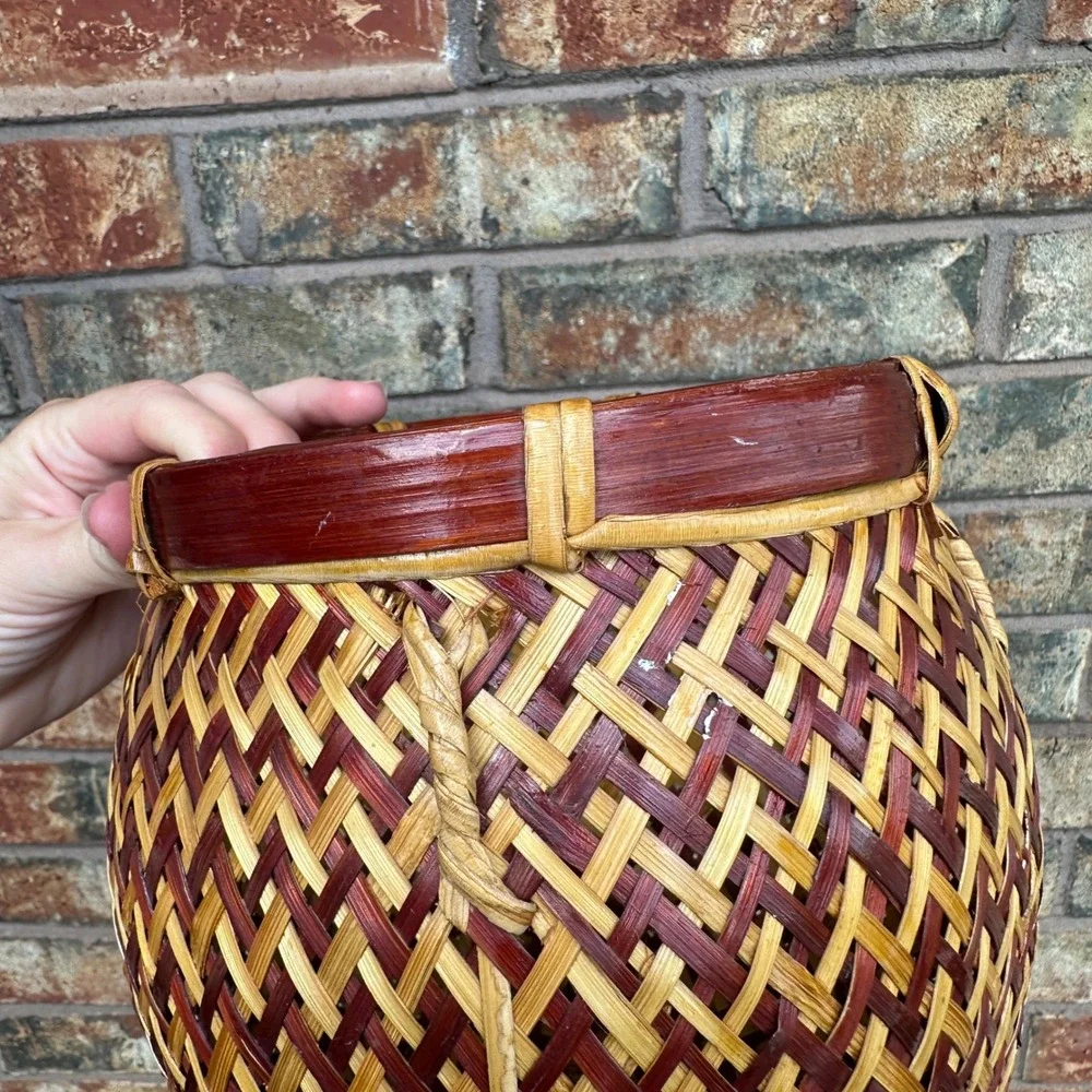 Vintage Woven Bamboo‎ Basket Two Tone Brown Natural Footed Decorative Pot Small